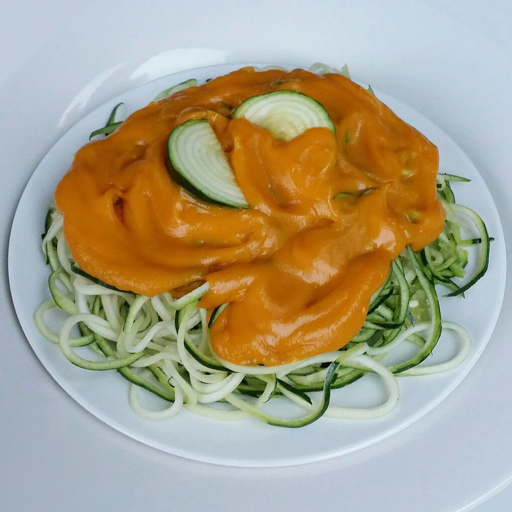 zucchini capellini with scrumptious sweet potato sauce